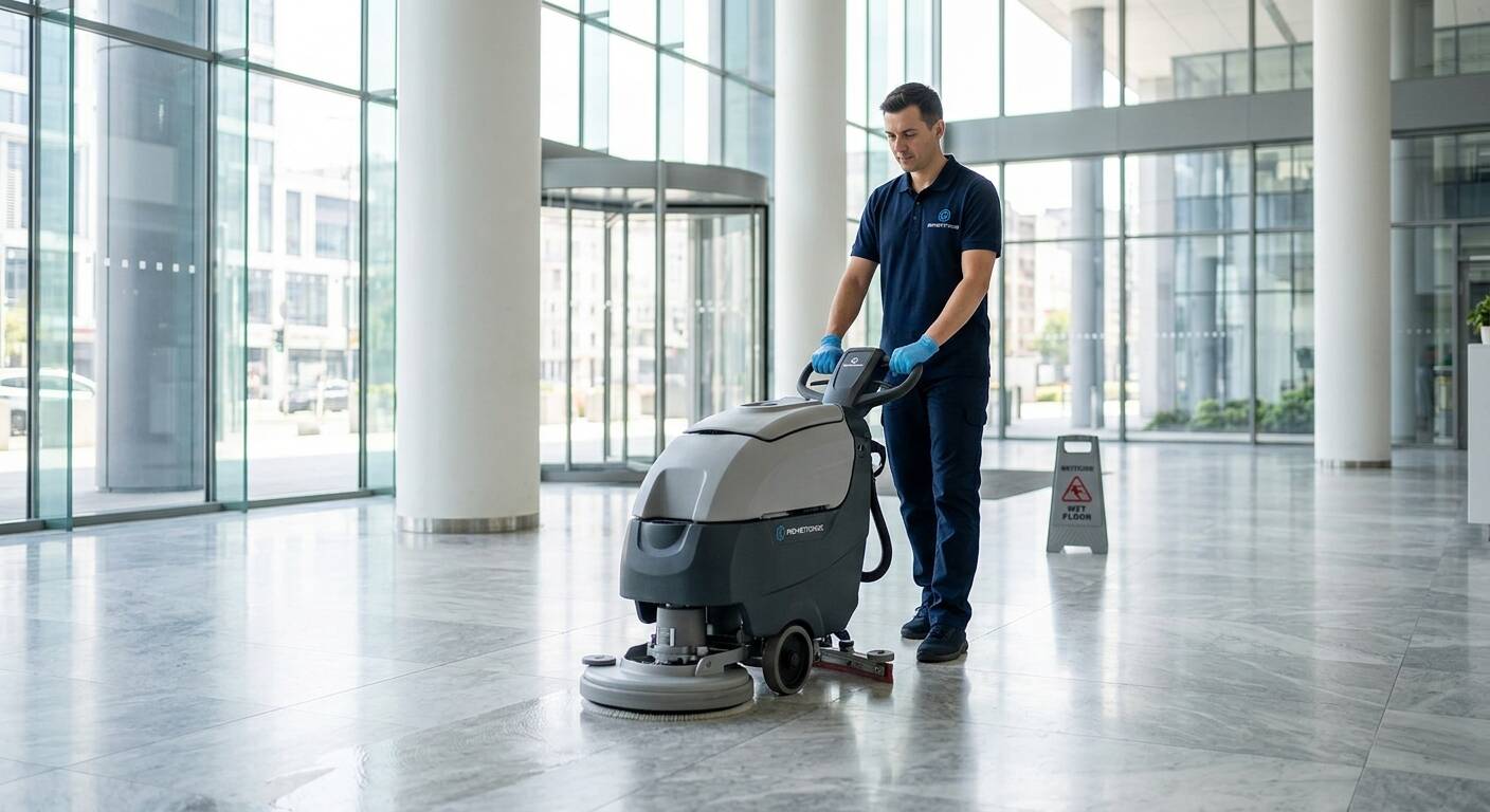 Agent de Nettoyage Clean passant l'autolaveuse dans le hall d'un immeuble de bureaux à Toulouse